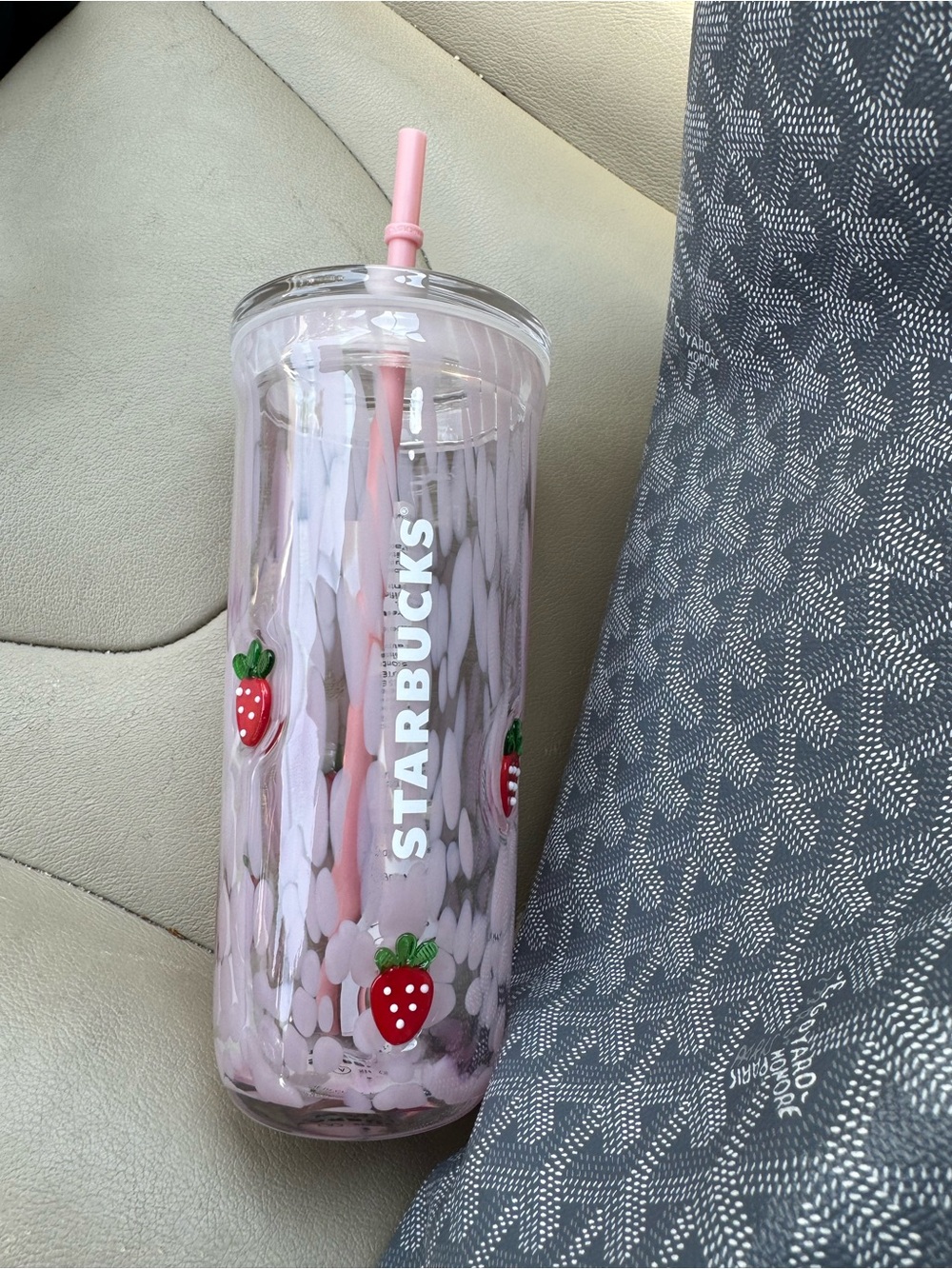 Starbucks Pink Strawberry-Accent Double Wall glass Tumbler with Straw